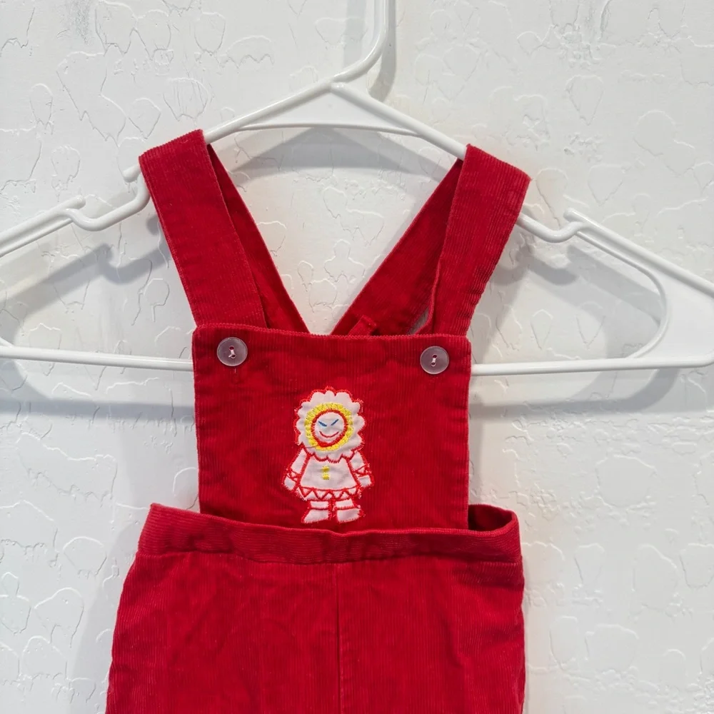 Vintage Colorkids Overalls 0-6 Months Red Corduroy Cotton Embroidered Flower